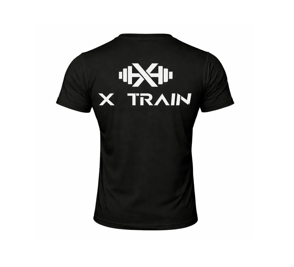 Black functional training t-shirt with X Train logo and barbell graphic on back