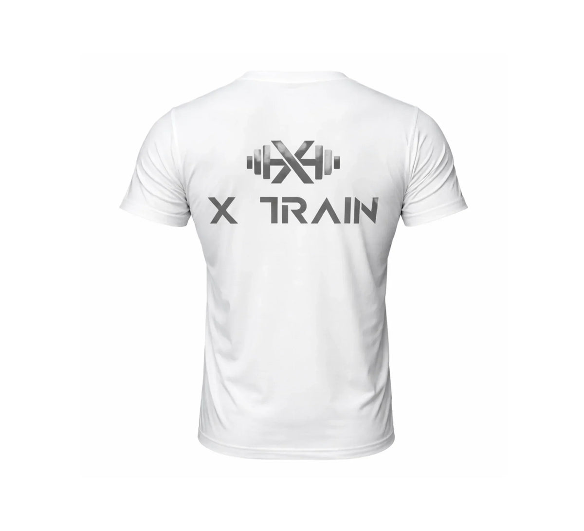 White functional training t-shirt with 'X Train' and barbell graphic on the back