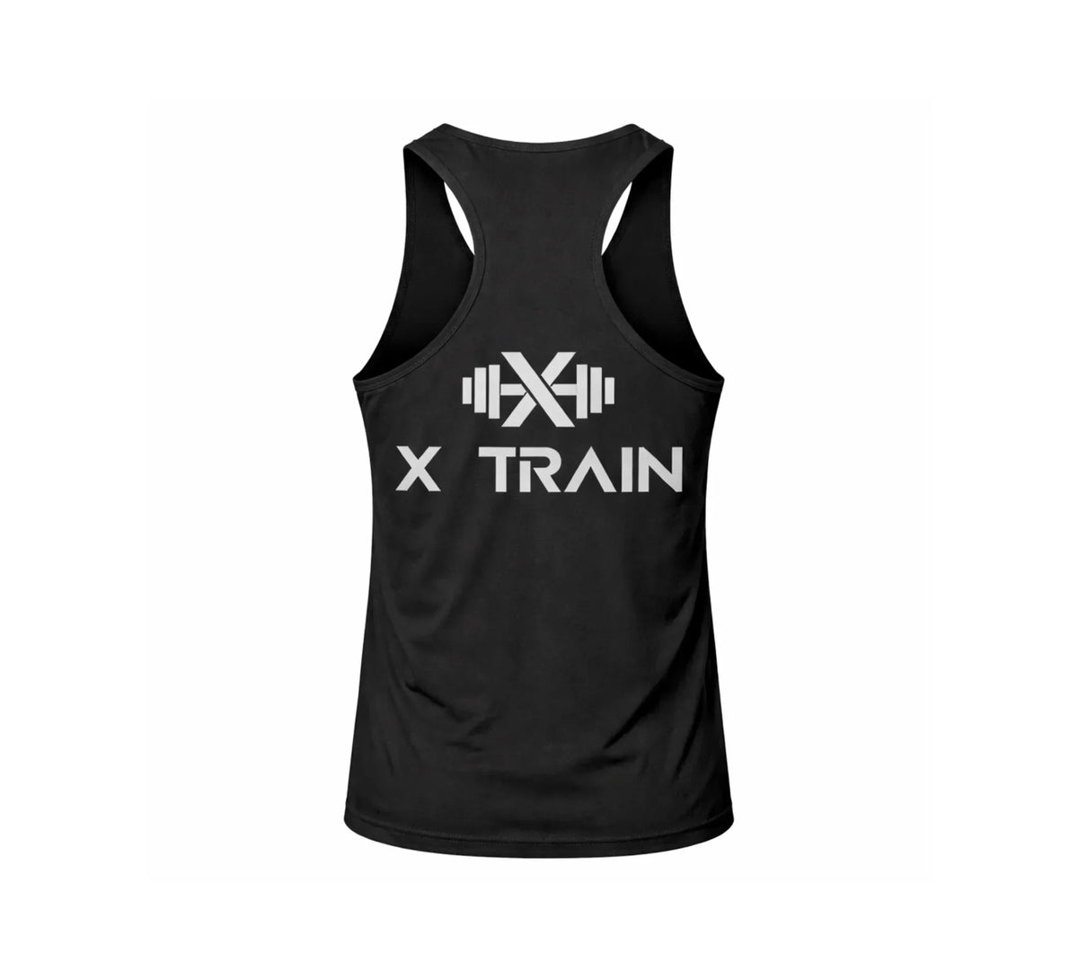 Black functional training tank top with white X Train barbell logo on the back