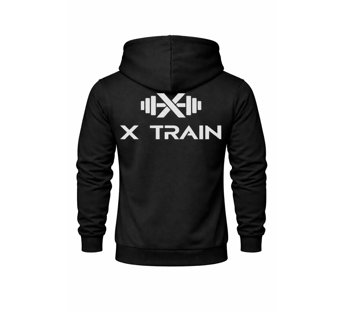Black training hoodie with X Train and barbell graphic on back, functional workout clothing