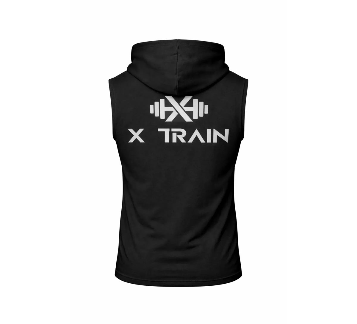 Black sleeveless hoodie with hood, barbell graphic, and bold text X TRAIN on the back